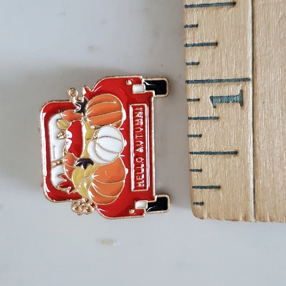 Hello Autumn Red Truck Pumpkin Enamel Pin Gold Tone Fall Harvest Lapel Pin 1Inch